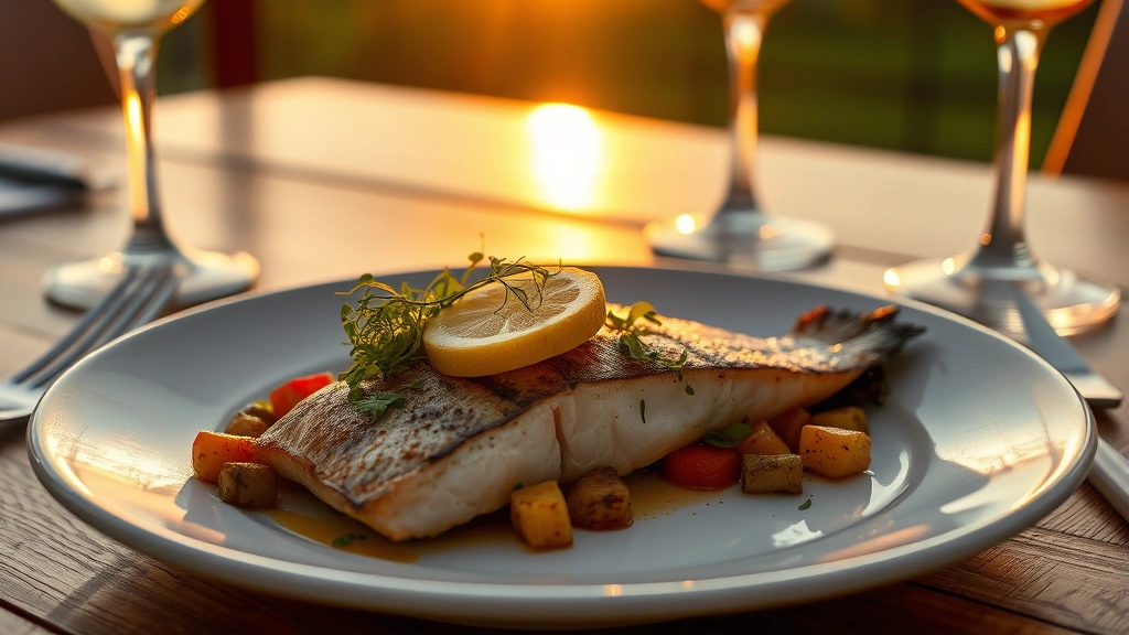 Sunset dining scene featuring grilled fish fillet with roasted vegetables, lemon wedge, and microgreens on white ceramic plate, warm golden hour lighting casting long shadows across table setting with wine glass