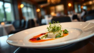Elegant plated fine dining dish with microgreens and sauce artistry, warm ambient restaurant lighting, shallow depth of field, professional chef presentation, no text or labels visible