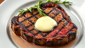 Perfectly seared premium ribeye steak with caramelized crust, medium-rare interior showing beautiful pink center, resting on white ceramic plate with compound butter melting across surface, garnished with fresh rosemary sprigs, professional steakhouse plating