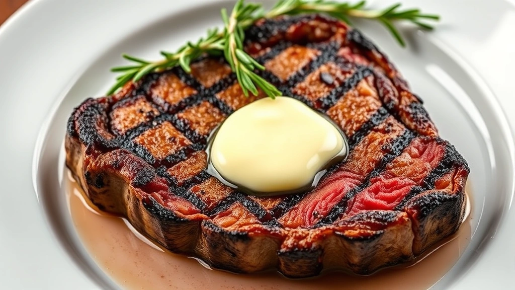 Perfectly seared premium ribeye steak with caramelized crust, medium-rare interior showing beautiful pink center, resting on white ceramic plate with compound butter melting across surface, garnished with fresh rosemary sprigs, professional steakhouse plating