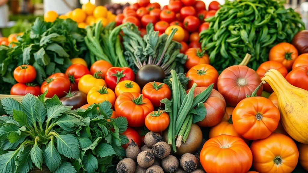 Vibrant farmers market scene with colorful seasonal produce arranged artfully—heirloom tomatoes in various colors, fresh leafy greens, root vegetables with soil still attached, bright summer squashes, warm natural lighting highlighting freshness and quality