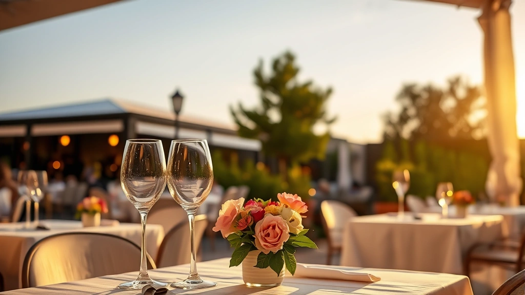 Elegant outdoor patio dining scene at golden hour with white tablecloths, soft ambient lighting, fresh flowers, wine glasses catching light, blurred restaurant and trees in background, inviting and sophisticated atmosphere