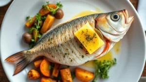 Overhead view of a fresh whole roasted striped bass on white ceramic plate, glistening with herb-infused butter, surrounded by roasted root vegetables and microgreens, coastal restaurant setting