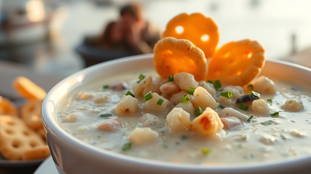 Close-up of creamy New England clam chowder in white bowl, topped with crispy oyster crackers and fresh chives, with blurred harbor view in background, golden afternoon light