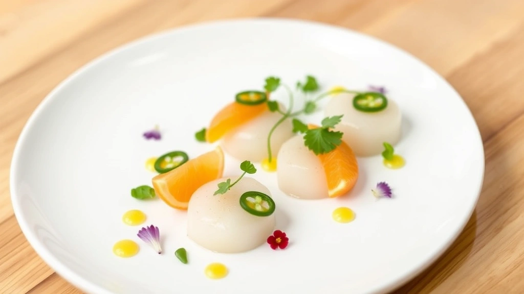 Plated scallop crudo presentation featuring translucent day-boat scallops arranged artfully with citrus segments, jalapeño rings, cilantro microgreens, and edible flowers on minimalist white plate