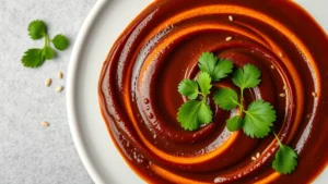 Overhead view of colorful Mexican mole sauce swirled artfully on white ceramic plate, garnished with fresh cilantro leaves and toasted sesame seeds, professional culinary photography