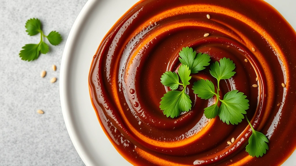 Overhead view of colorful Mexican mole sauce swirled artfully on white ceramic plate, garnished with fresh cilantro leaves and toasted sesame seeds, professional culinary photography