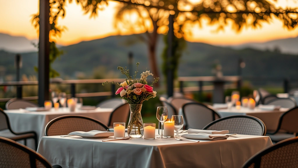 Elegant outdoor patio dining setup at golden hour with white tablecloths, candles flickering, fresh flowers in glass vases, hillside vista blurred in background, sophisticated atmosphere
