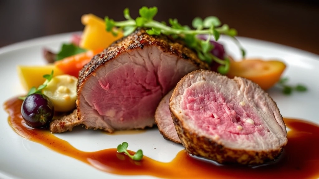 Close-up of seared duck breast sliced to reveal perfect medium-rare interior, plated with seasonal vegetables, microgreens, and rich sauce drizzle, fine dining presentation