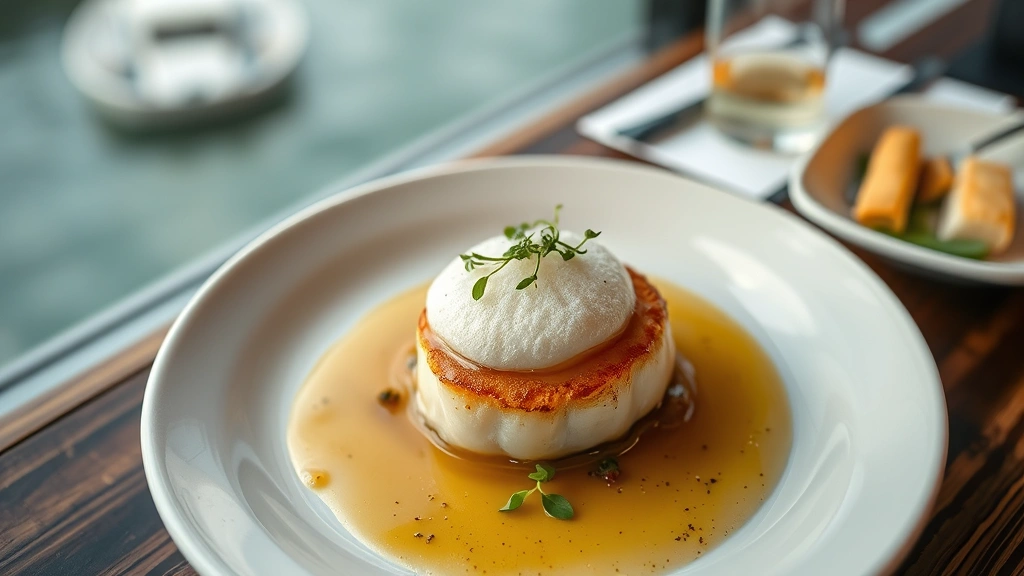 Overhead shot of a perfectly seared scallop on white ceramic plate with microgreens, lemon foam, and brown butter sauce, waterfront restaurant setting blurred in background, professional culinary photography
