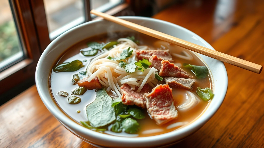 Vibrant bowl of pho with steaming broth, thin rice noodles, fresh herbs, and thin-sliced beef arranged artfully, wooden chopsticks resting on bowl rim, natural window light illuminating aromatic steam