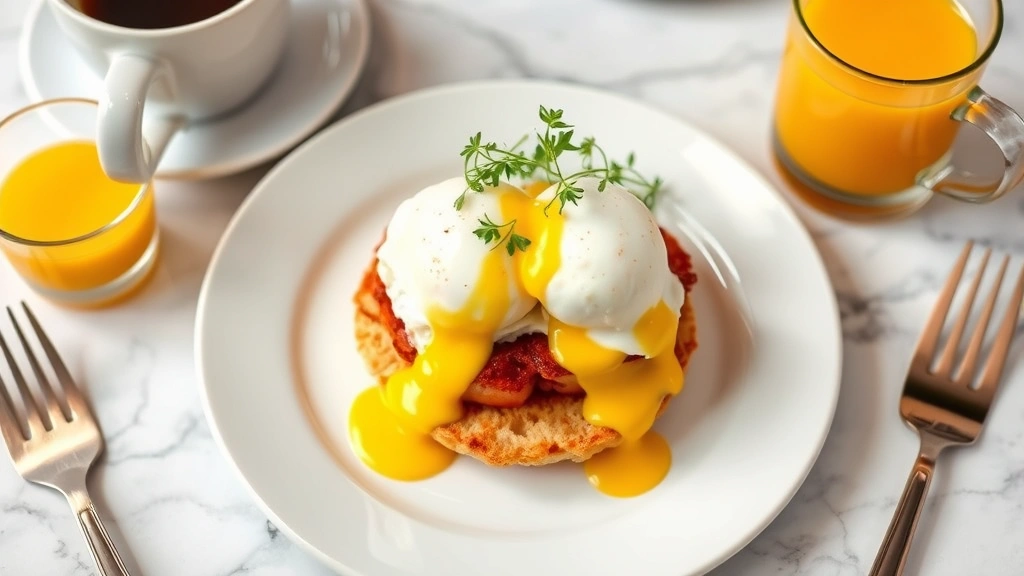 Artfully plated brunch eggs benedict with perfectly poached eggs, hollandaise sauce dripping, crispy English muffin base, fresh microgreens garnish, coffee cup and fresh orange juice beside plate on marble table