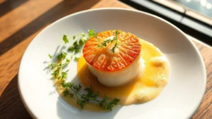 Overhead view of a perfectly seared scallop with golden crust on white plate, accompanied by microgreens and citrus foam, soft natural light from waterfront window creating gentle shadows