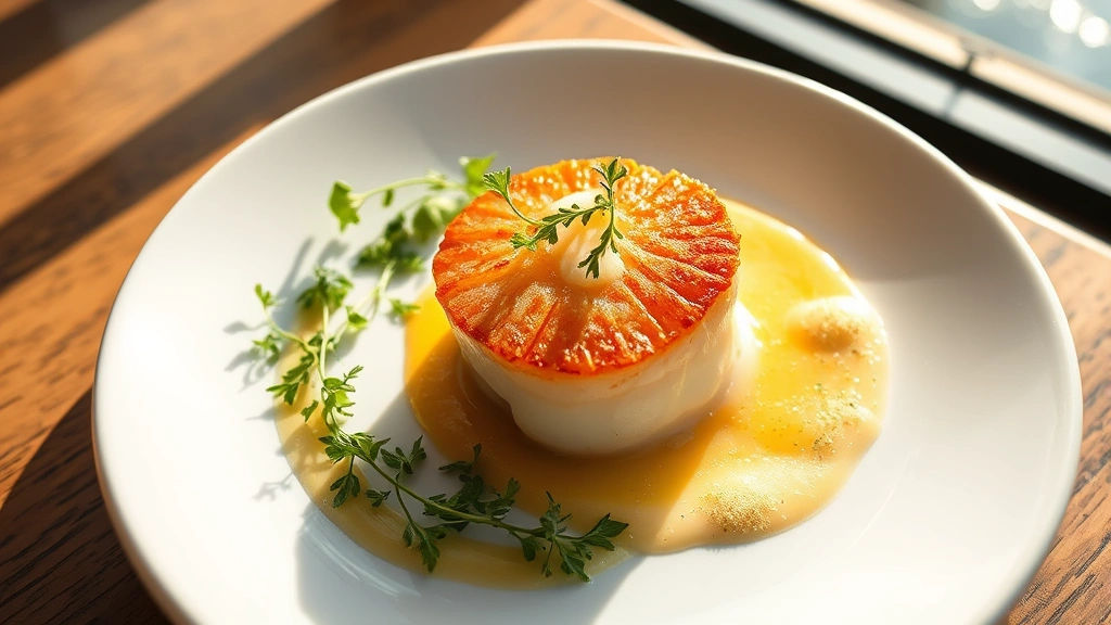 Overhead view of a perfectly seared scallop with golden crust on white plate, accompanied by microgreens and citrus foam, soft natural light from waterfront window creating gentle shadows