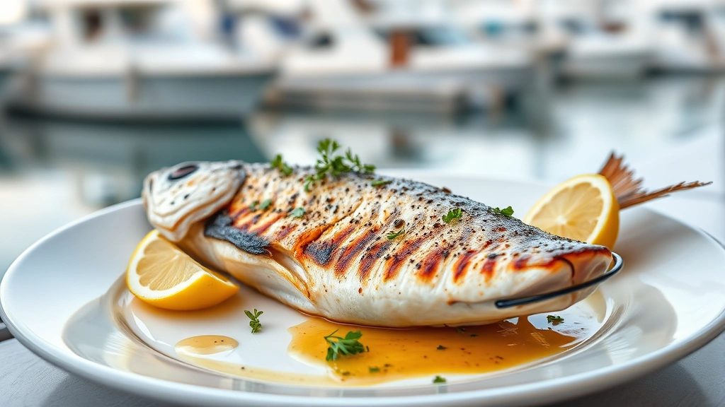 Whole grilled branzino fish on a white ceramic plate with lemon wedges, fresh herbs, and delicate sauce drizzle, steaming, professional plating with blurred harbor background