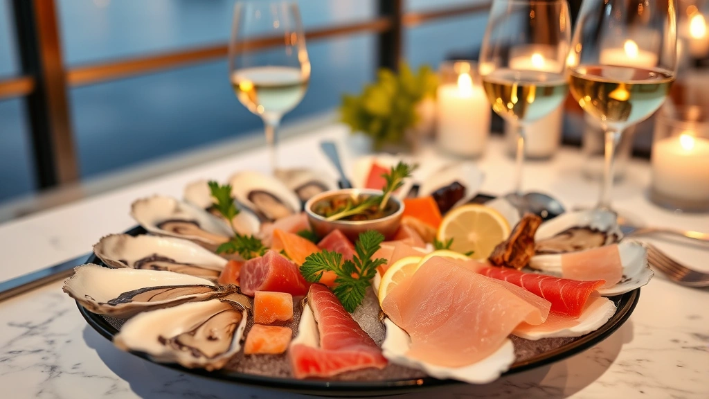 Fine dining seafood platter featuring raw oysters, sashimi-grade fish slices, and ceviche in elegant presentation, crystal glasses with white wine, candlelit waterfront ambiance