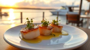 Elegantly plated seared scallops with microgreens and citrus beurre blanc, served on a white ceramic plate at a waterfront table during golden hour sunset