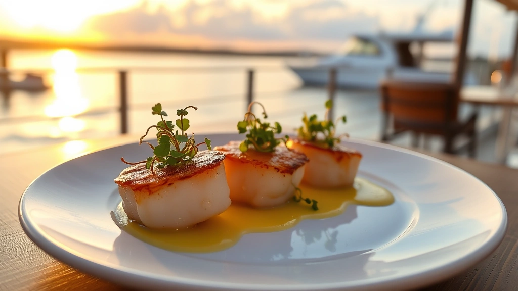Elegantly plated seared scallops with microgreens and citrus beurre blanc, served on a white ceramic plate at a waterfront table during golden hour sunset