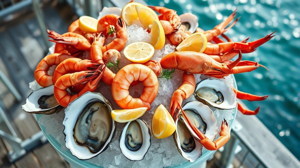 Vibrant overhead shot of a fresh seafood tower featuring oysters, shrimp, and crab legs on crushed ice with lemon wedges, ocean visible in blurred background