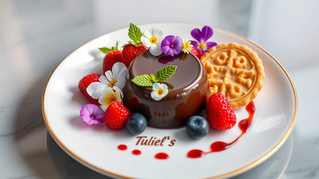 Artfully composed dessert plate featuring dark chocolate mousse, fresh berries, edible flowers, and crispy tuile cookie with water reflections visible on plate surface
