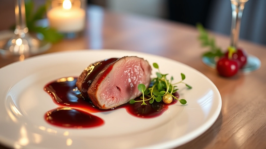 Elegant plated fine dining Christmas dish with roasted duck breast, glossy cherry gastrique, microgreens, and gold leaf garnish on white porcelain, soft candlelight reflection