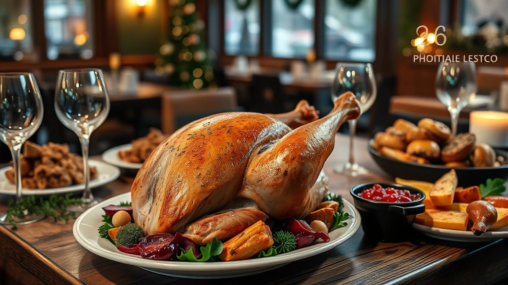 Festive casual restaurant dining scene showing herb-brined turkey with golden-brown skin, chestnut stuffing, cranberry sauce, roasted root vegetables on rustic wooden table with warm ambient lighting