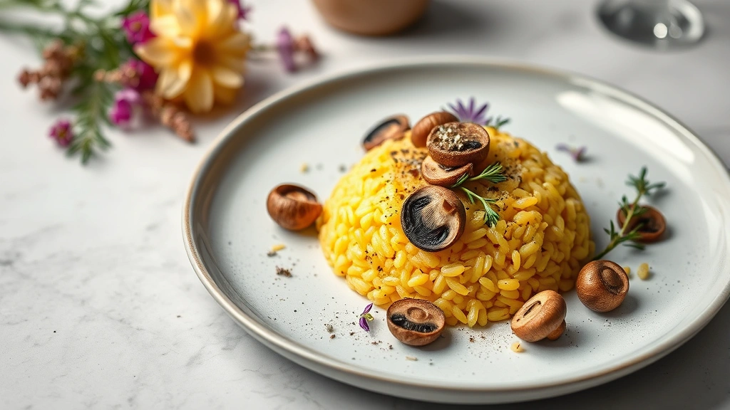Sophisticated international Christmas menu presentation featuring saffron risotto with wild mushrooms, truffle shavings, fresh herbs, and edible flowers on minimalist modern plating
