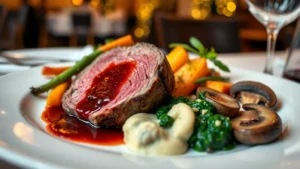 Professional plated Christmas dinner featuring prime rib with rich red wine reduction, roasted root vegetables with herbs, creamed spinach, and wild mushrooms, elegant white plate with garnish, warm restaurant lighting, shallow depth of field