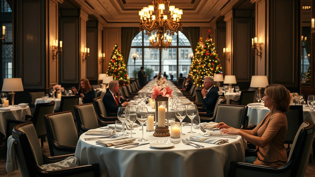 Luxury restaurant dining room decorated for Christmas with elegant table settings, white tablecloths, candles, fine china, and sophisticated holiday ambiance, diners enjoying festive meal, warm elegant lighting