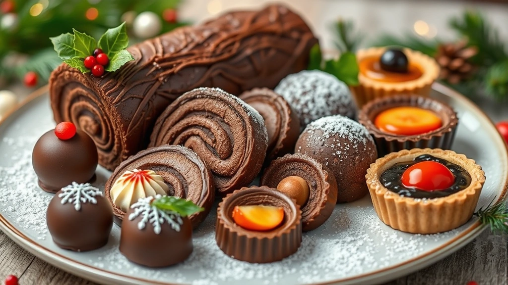 Gourmet Christmas dessert platter featuring chocolate yule log with holly garnish, individual chocolate truffles, fruit-based tart, and festive spiced preparations, professional pastry presentation, holiday colors