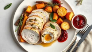 Overhead flat lay of elegant plated Thanksgiving dinner featuring herb-roasted turkey breast, sage-brown butter, roasted root vegetables, and cranberry gastrique on white ceramic plate with fresh sage garnish, soft natural lighting