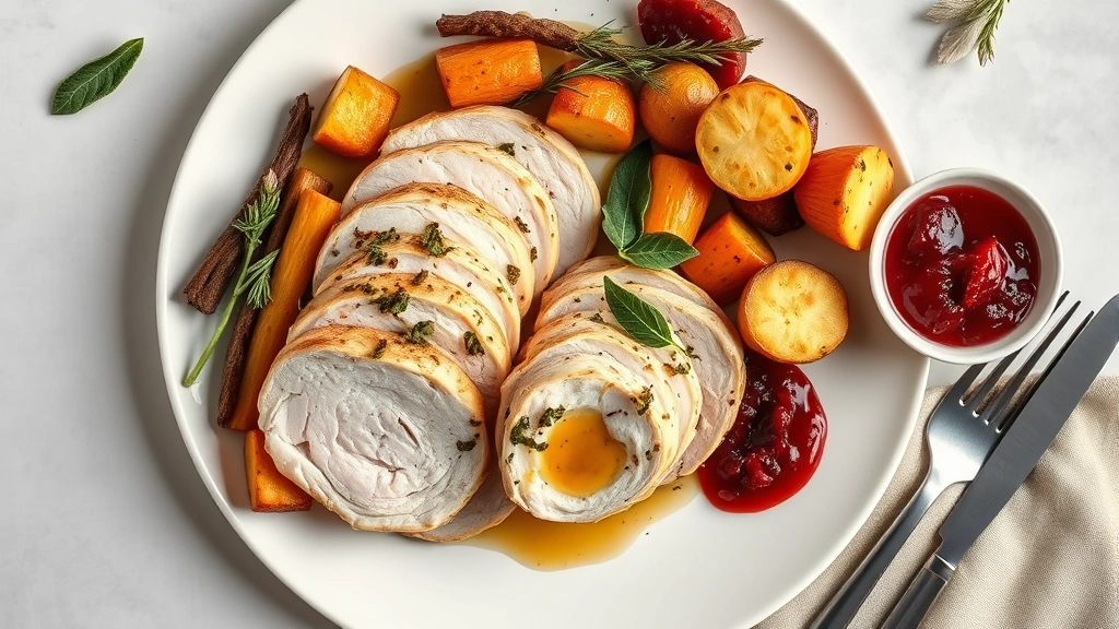 Overhead flat lay of elegant plated Thanksgiving dinner featuring herb-roasted turkey breast, sage-brown butter, roasted root vegetables, and cranberry gastrique on white ceramic plate with fresh sage garnish, soft natural lighting
