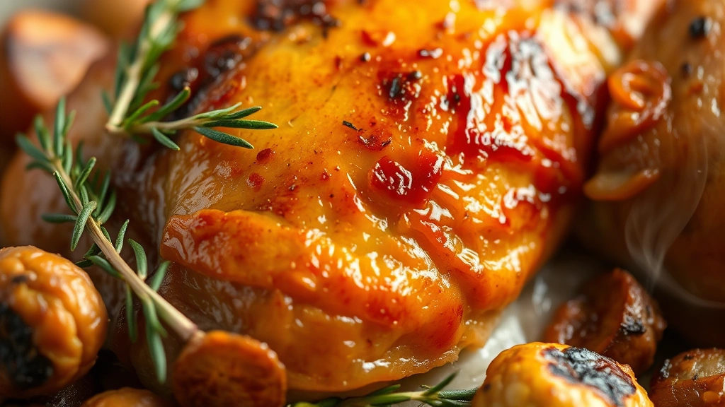 Close-up sensory shot of golden-brown turkey skin with crispy rendered fat, steam rising, surrounded by herb sprigs and roasted vegetables, shallow depth of field emphasizing texture and richness
