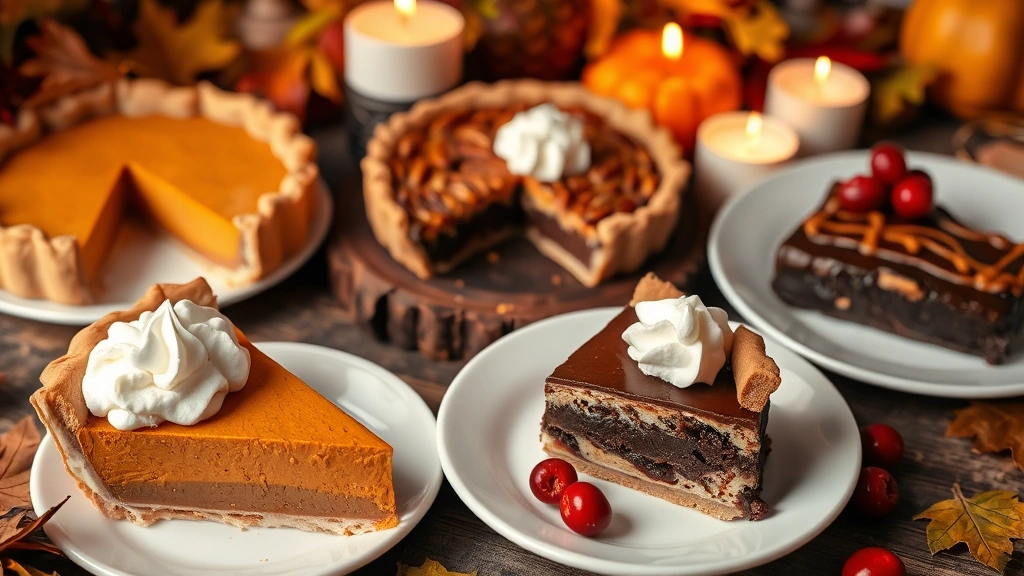 Artfully composed Thanksgiving dessert spread featuring slice of pumpkin pie with whipped cream, pecan pie with caramel drizzle, spiced chocolate torte, and fresh cranberries, candlelit ambiance with autumn table setting