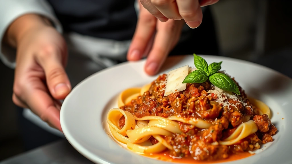 Close-up of chef's hands plating a late-night pasta dish with hand-rolled pappardelle, rich Bolognese sauce, fresh basil, and aged Parmigiano-Reggiano, showing precise culinary technique