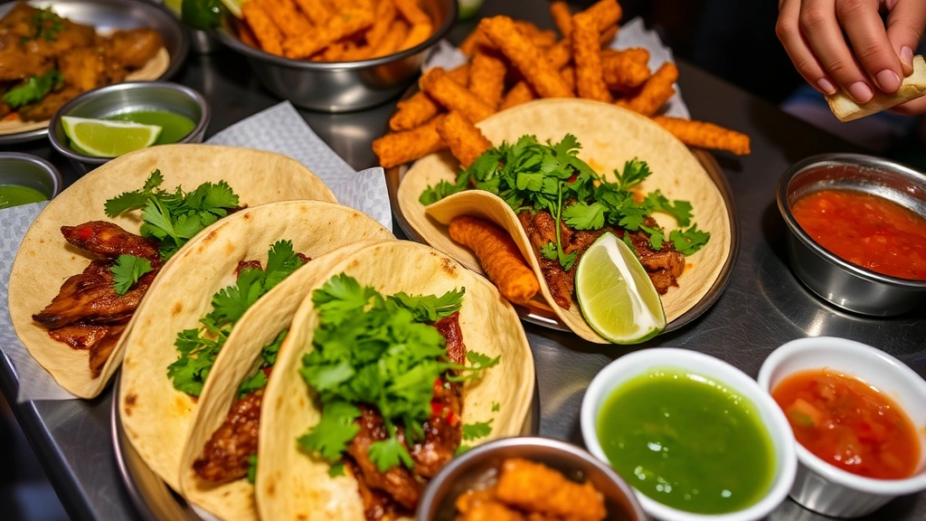 Vibrant spread of late-night Mexican street food including perfectly charred carnitas tacos with fresh cilantro and lime, golden crispy chicharrones, and small bowls of salsa verde and pico de gallo