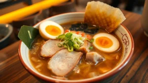 Steaming bowl of tonkotsu ramen with tender chashu pork, soft-boiled egg, fresh scallions, and nori in rich broth, shot from above at close range, warm golden lighting, restaurant setting