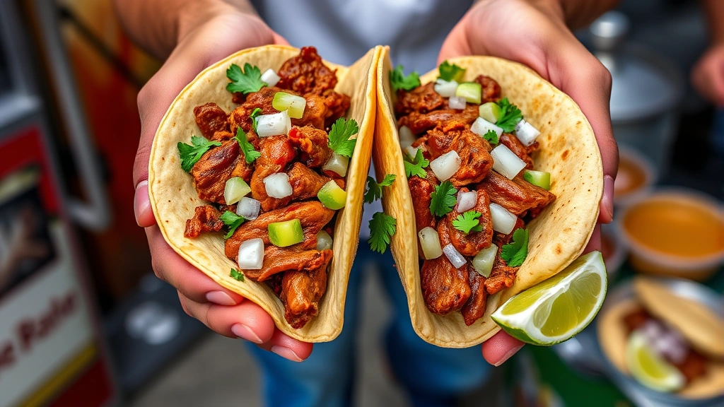 Hands holding fresh warm street tacos with seasoned carne asada, cilantro, diced onion, lime wedge on the side, vibrant colors, authentic street food vendor setting, natural lighting