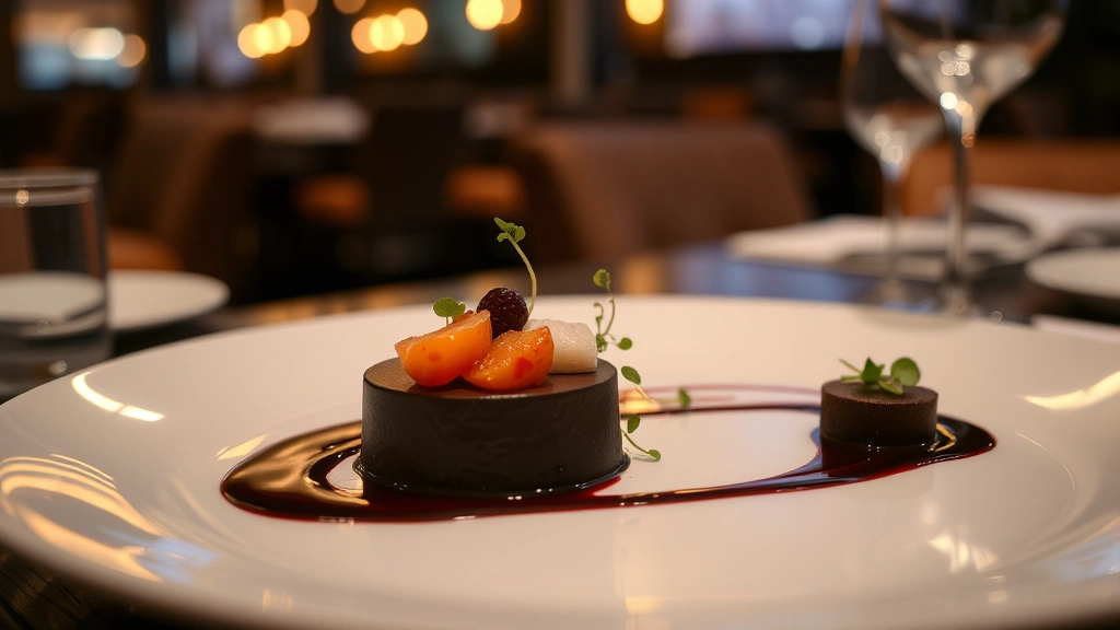 Elegant late-night plated dessert course with dark chocolate, seasonal fruit garnish, microgreens, artistic sauce drizzle on white plate, soft ambient restaurant lighting, fine dining presentation