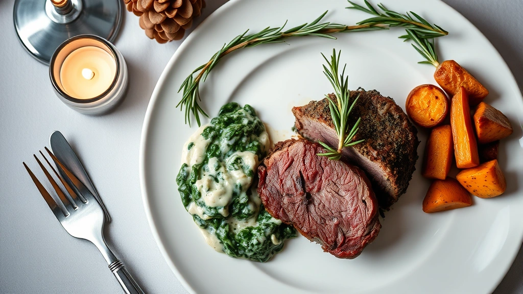 Overhead shot of elegant Christmas dinner plate: herb-crusted prime rib, creamed spinach, roasted root vegetables, garnished with fresh rosemary sprigs, soft candlelight reflection on white porcelain, professional plating