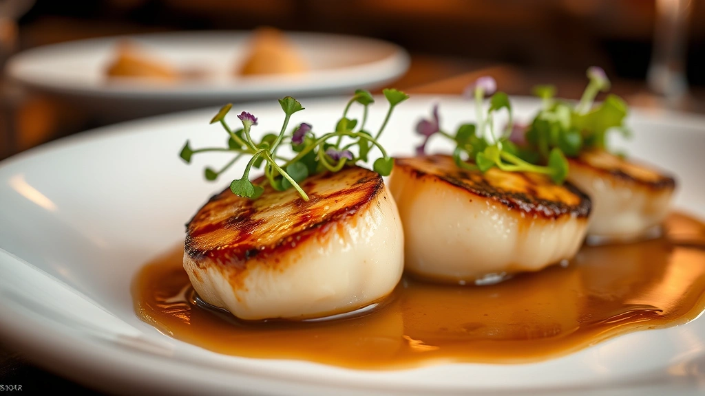 Close-up of luxurious seafood starter: seared scallops with brown butter sauce, microgreens, edible flowers, on white plate with artistic sauce drizzle, warm restaurant lighting, shallow depth of field