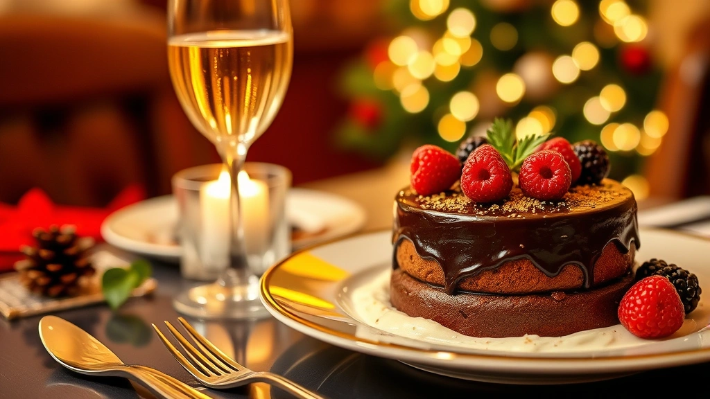 Festive dessert course: rich chocolate torte with gold leaf, fresh berries, crème anglaise, accompanied by champagne flute in elegant dining setting, warm ambient lighting, holiday table decoration blur in background