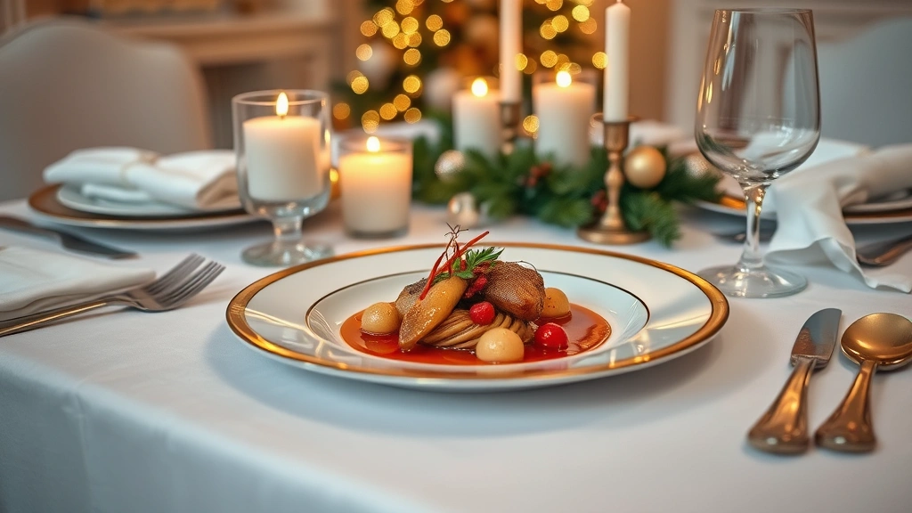 Elegant Christmas dinner table setting with white linens, candlelight, and gold-rimmed plates featuring a gourmet plated dish with garnish and sauce artistry, soft festive ambiance