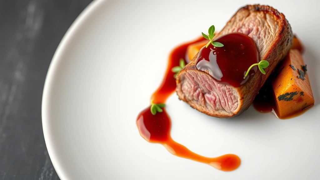 Close-up of perfectly seared duck breast with cherry gastrique sauce, roasted root vegetables, and microgreens on white porcelain, professional plating with negative space