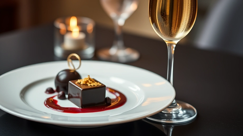 Champagne flute with sparkling wine next to fine dining dessert plate featuring dark chocolate creation with berry coulis and gold leaf, festive elegant presentation