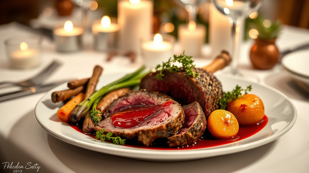 Elegant Christmas dinner plate featuring herb-crusted prime rib with red wine reduction, roasted root vegetables, and microgreens garnish on white plate with candlelit table setting background