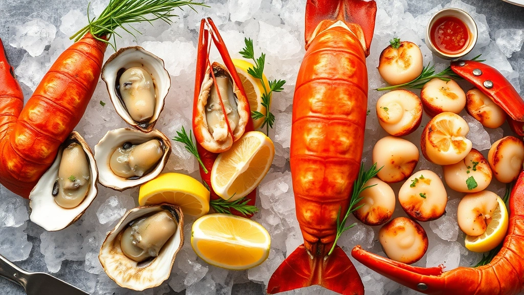 Overhead view of festive holiday seafood feast with oysters, lobster tail, and scallops arranged on crushed ice with lemon wedges and fresh herbs