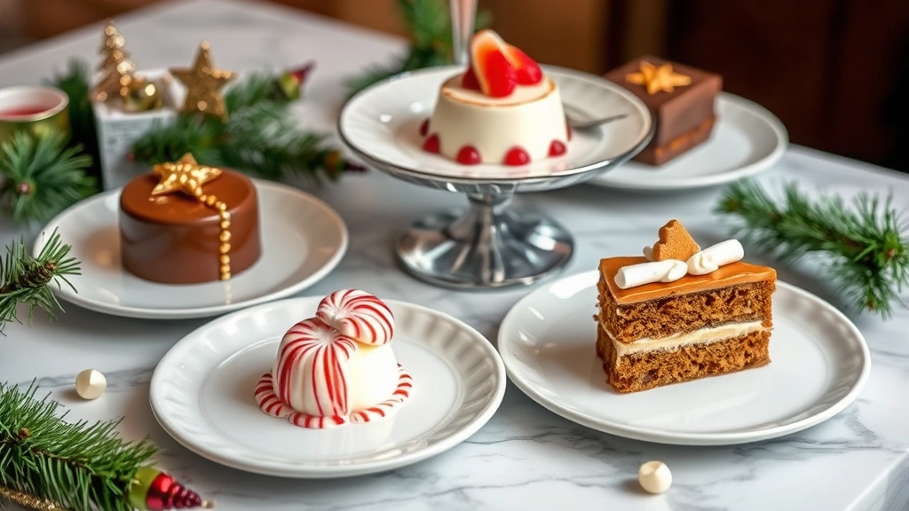 Gourmet dessert display showing individual plated Christmas desserts including chocolate mousse, peppermint panna cotta, and gingerbread cake with gold leaf accents on marble surface