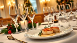 Elegant Christmas Eve fine dining table setting with white linens, crystal glasses, candlelight, and a plated gourmet appetizer featuring seared scallops with champagne sauce and microgreens, photorealistic restaurant ambiance