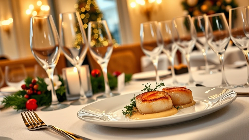 Elegant Christmas Eve fine dining table setting with white linens, crystal glasses, candlelight, and a plated gourmet appetizer featuring seared scallops with champagne sauce and microgreens, photorealistic restaurant ambiance